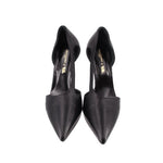 Pair of black leather pointed-toe stiletto heels, front view