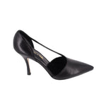 Black leather pointed-toe stiletto heels, angled side view