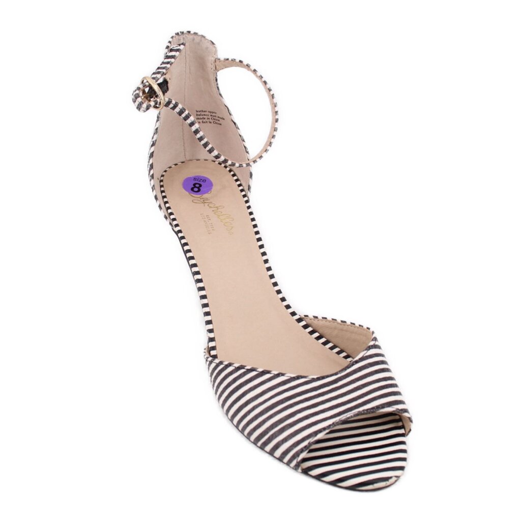 Black-and-white striped open-toe high heel sandal with slingback strap
