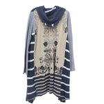 Blue hooded cardigan sweater, back panel with ornate print and striped hem