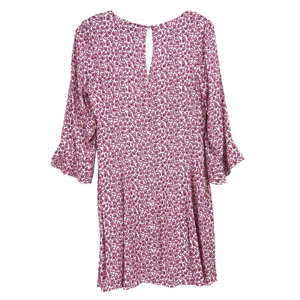 Reformation floral dress in pink with gathered neckline and loose ruffled sleeves