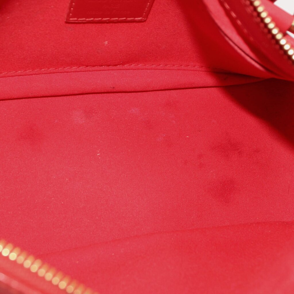 Red crossbody bag interior panel with gold zipper track