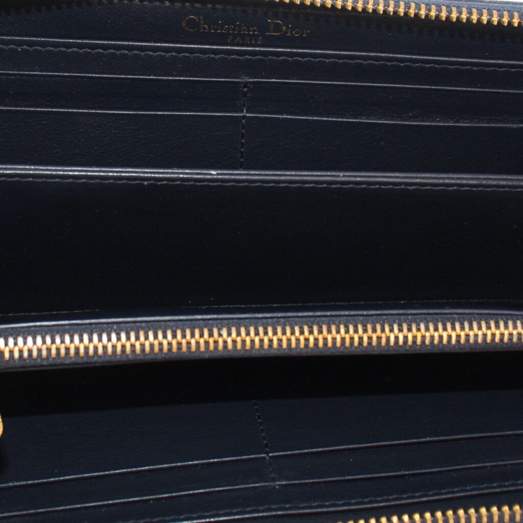 CHRISTIAN DIOR long wallet interior, navy lined card slots and zip compartment