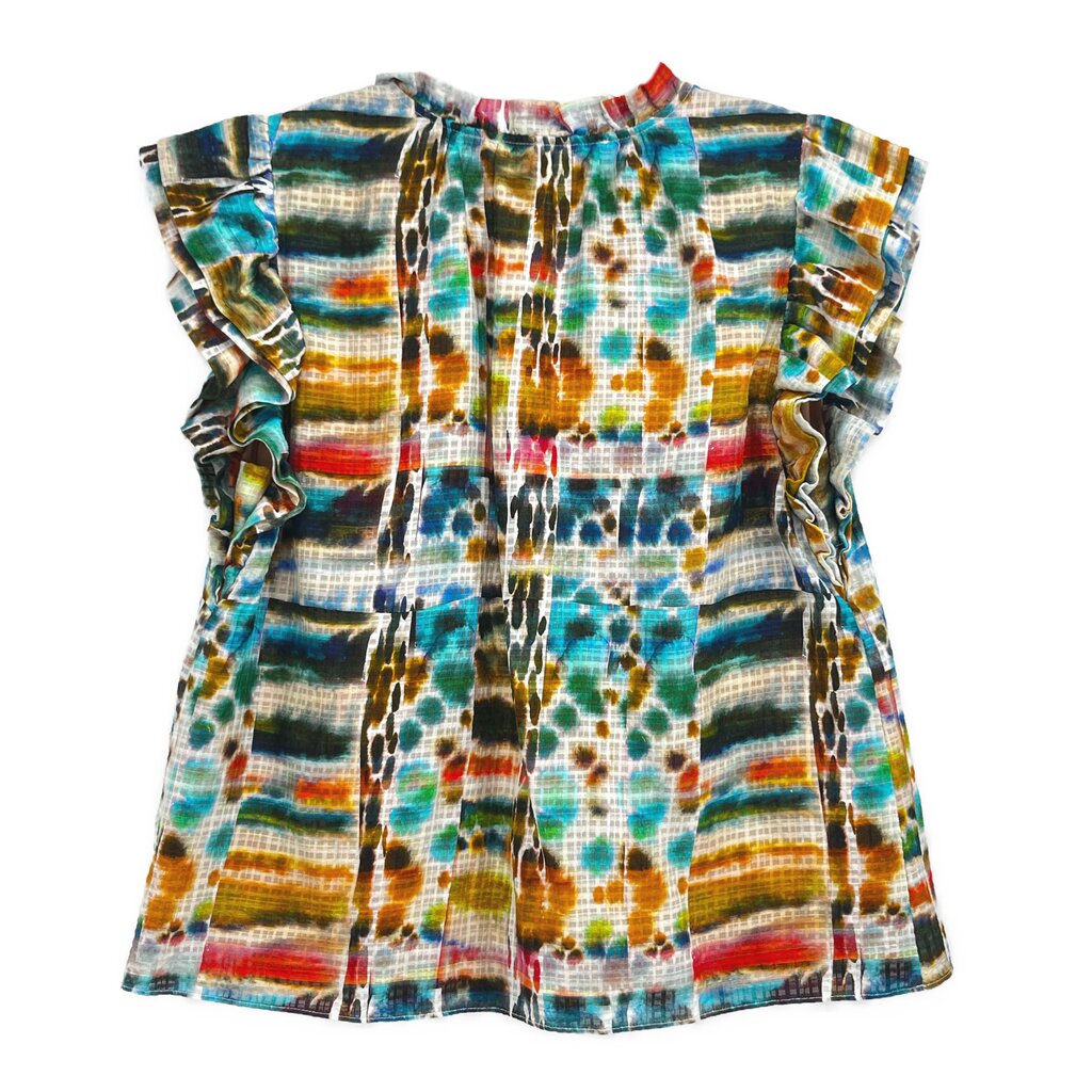 Printed short-sleeve top with gathered neckline, multicolor abstract pattern and ruffle cuffs