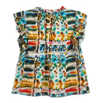 Printed short-sleeve top with gathered neckline, multicolor abstract pattern and ruffle cuffs