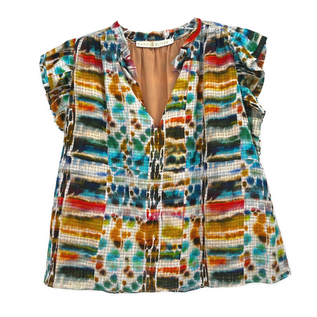 Printed short-sleeve top with V-neck and multicolor abstract grid pattern, ruffled sleeves