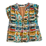Printed short-sleeve top with V-neck and multicolor abstract grid pattern, ruffled sleeves