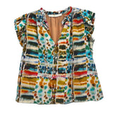 Printed short-sleeve top with V-neck and multicolor abstract grid pattern, ruffled sleeves