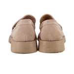 Nude suede loafers with rear stitching and low block heel
