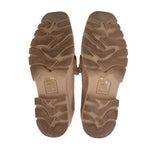 Nude suede loafers with textured rubber outsole and branded heel label