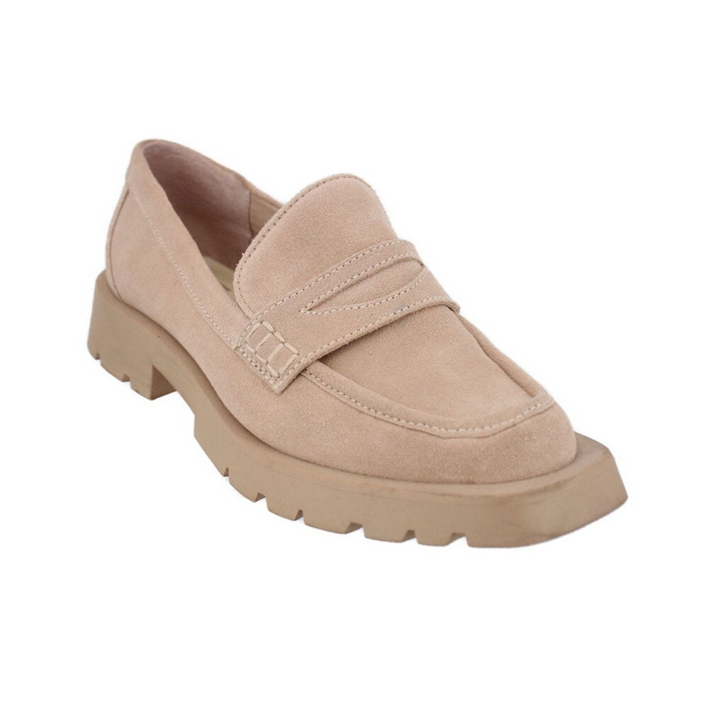 Nude suede loafers with stitched vamp and low block heel