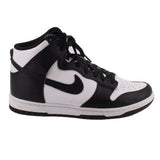 Black and white high-top sneakers with lace-up closure and side swoosh logo