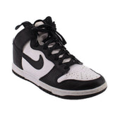 Black and white high-top sneakers with lace-up front and swoosh logo
