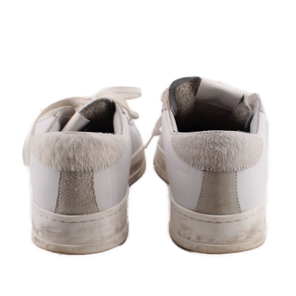 Back view of white leather sneakers with gray fur heel lining and rubber sole