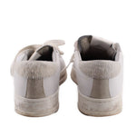 Back view of white leather sneakers with gray fur heel lining and rubber sole