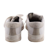 Back view of white leather sneakers with gray fur heel lining and rubber sole