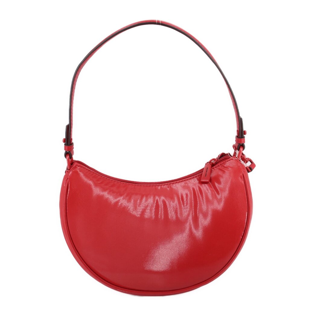 Red half-moon pochette with zipper opening and glossy puffed leather texture