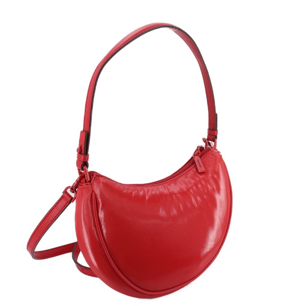 Red convertible crossbody pochette with long strap and side D-ring hardware