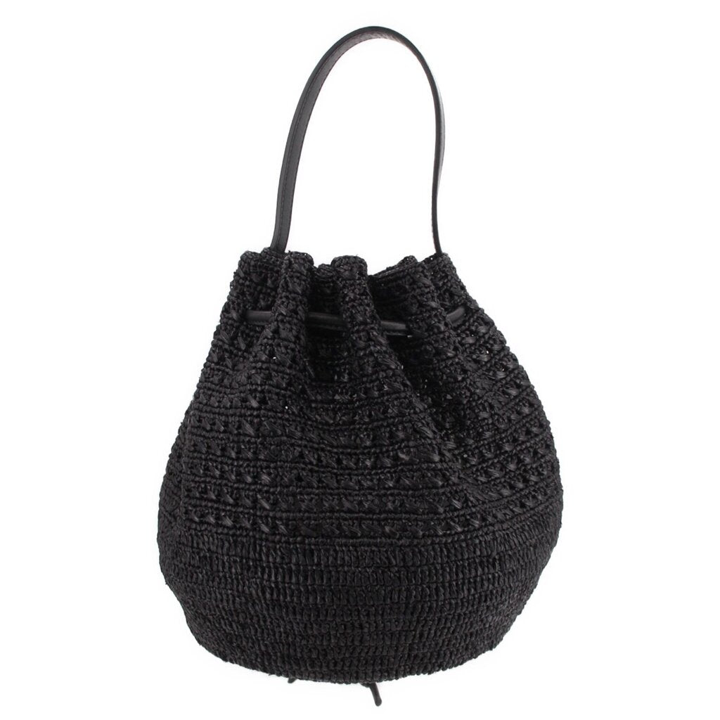 Black raffia bucket crossbody bag with drawstring closure and top handles