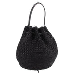 Black raffia bucket crossbody bag with drawstring closure and top handles