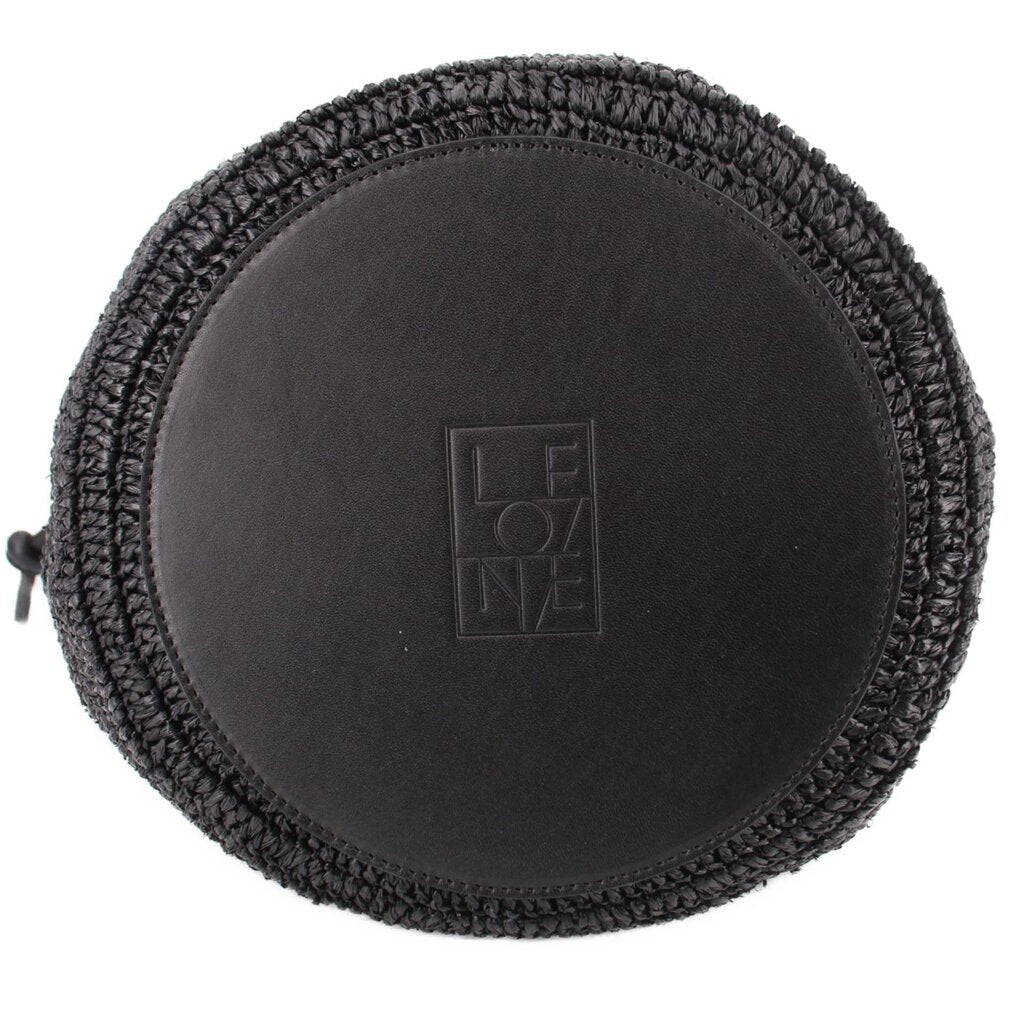 Black raffia bucket bag with black leather base and LE logo patch