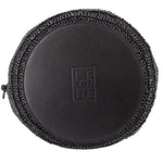 Black raffia bucket bag with black leather base and LE logo patch