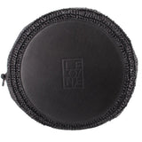 Black raffia bucket bag with black leather base and LE logo patch