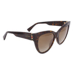 Tortoise cat-eye sunglasses, side view: curved frame with gold bridge detail
