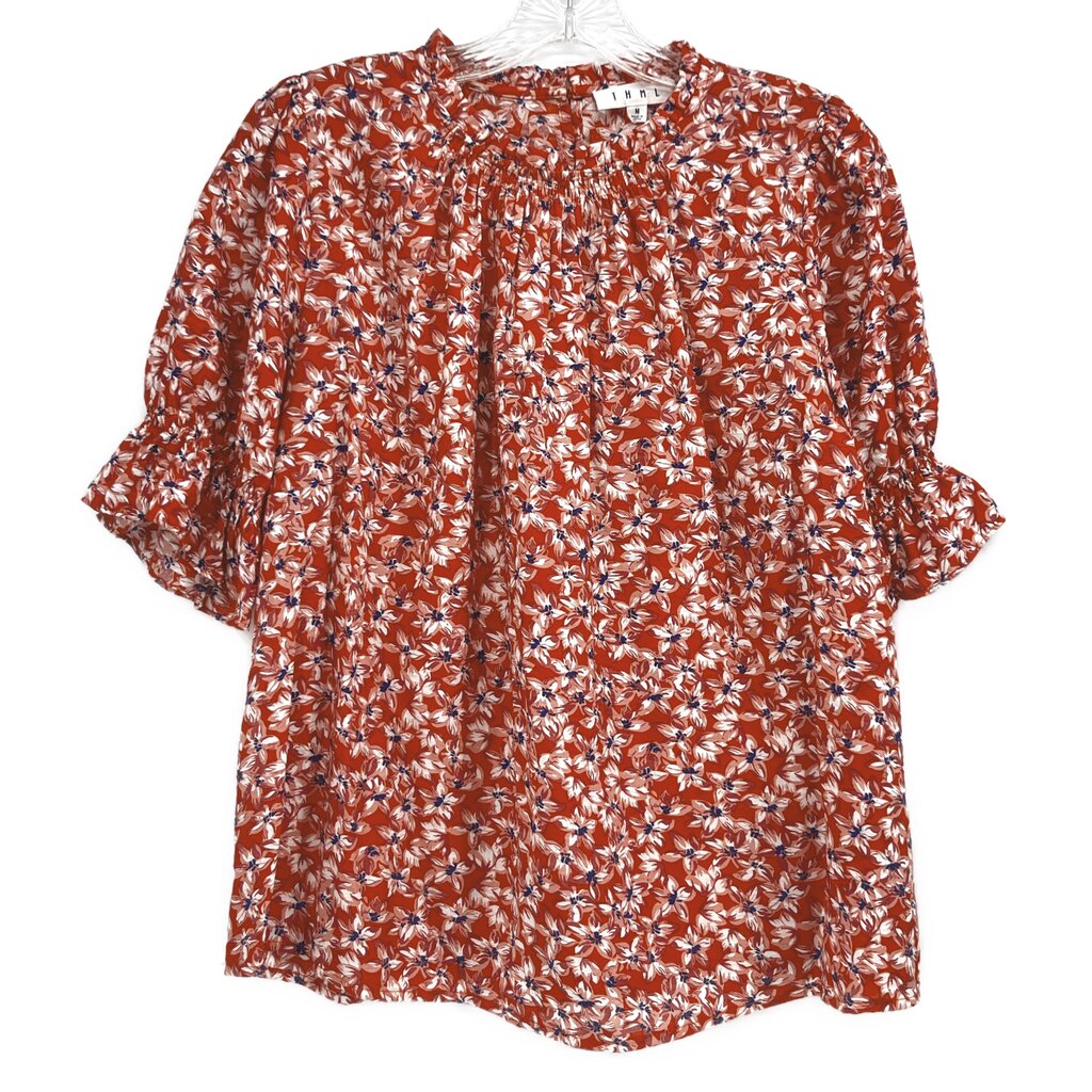 Orange floral short-sleeve blouse with split V neckline