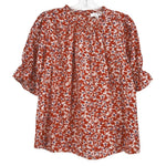 Orange floral short-sleeve blouse with split V neckline