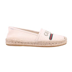 Cream canvas logo slip-on flats, side view with jute-stitched espadrille sole