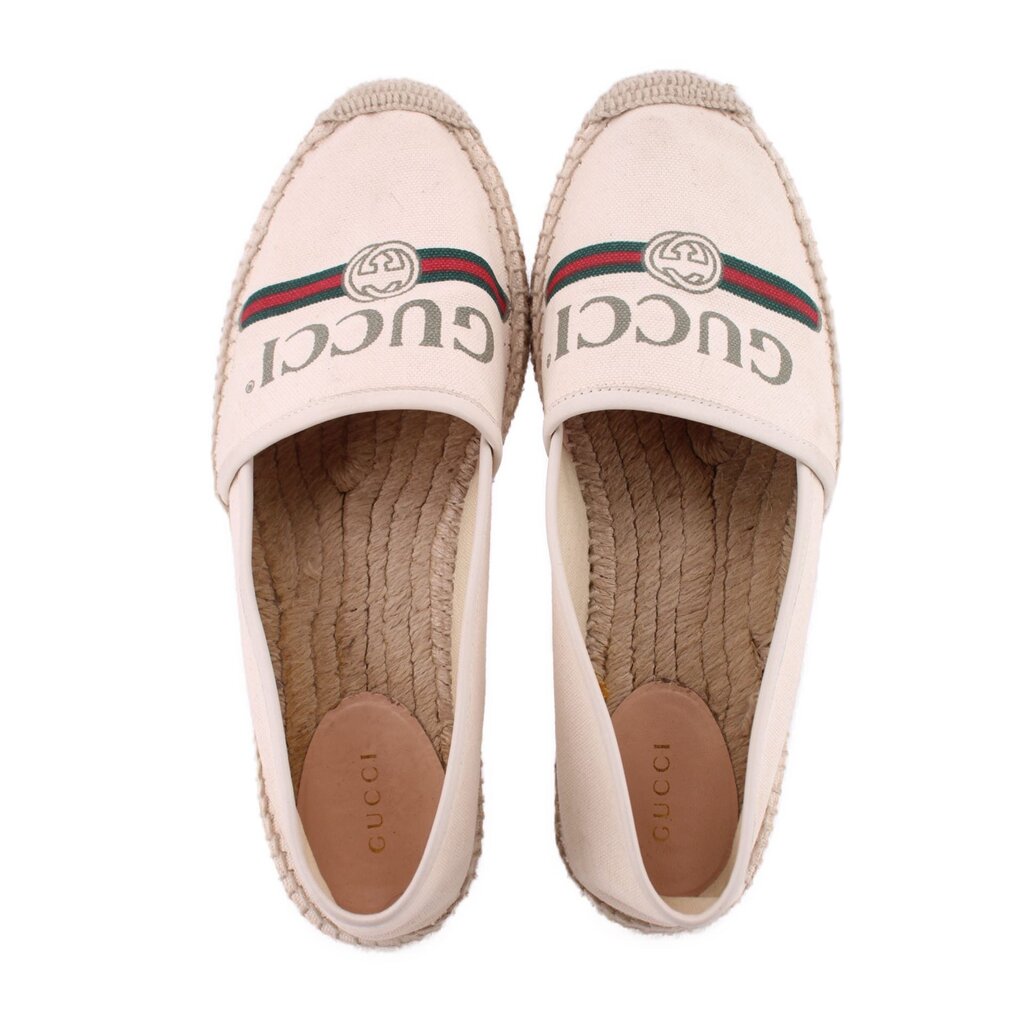 Cream canvas slip-on flats with Gucci logo and Web stripe, open toe view