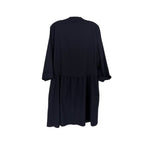 Navy 3/4-sleeve dress, back view with gathered waist