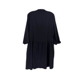 Navy 3/4-sleeve dress, back view with gathered waist