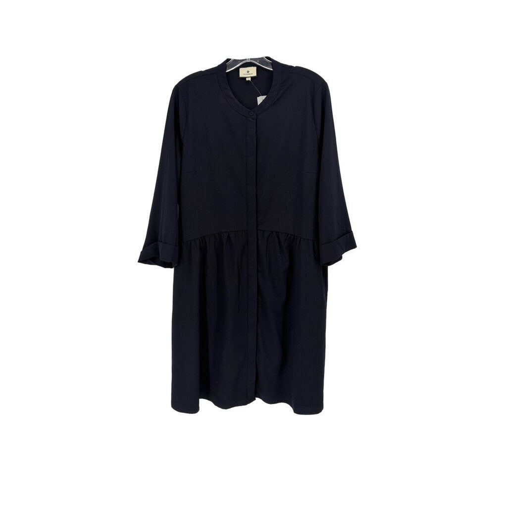 3/4-sleeve navy dress, V-neck, gathered waist