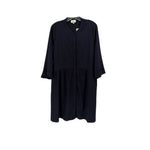 3/4-sleeve navy dress, V-neck, gathered waist
