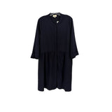 3/4-sleeve navy dress, V-neck, gathered waist