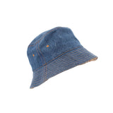 Blue denim bucket hat with orange accent eyelets and contrast stitching