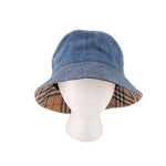 Blue denim bucket hat with check-print underside brim