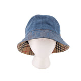 Blue denim bucket hat with check-print underside brim