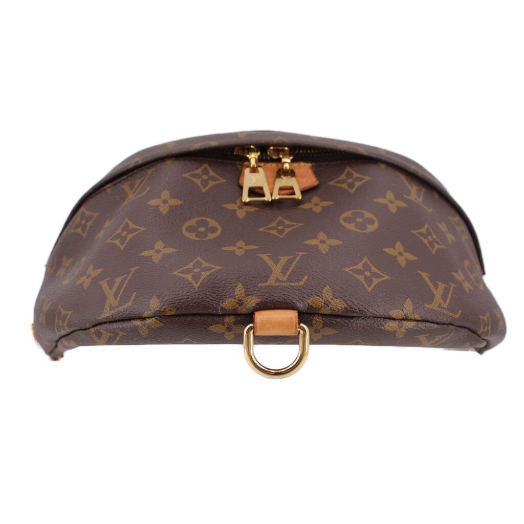 Monogram bumbag front view with gold-tone zip pull and top fastening