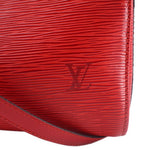 Red Speedy 25 crossbody bag corner with embossed LV logo and stitched trim