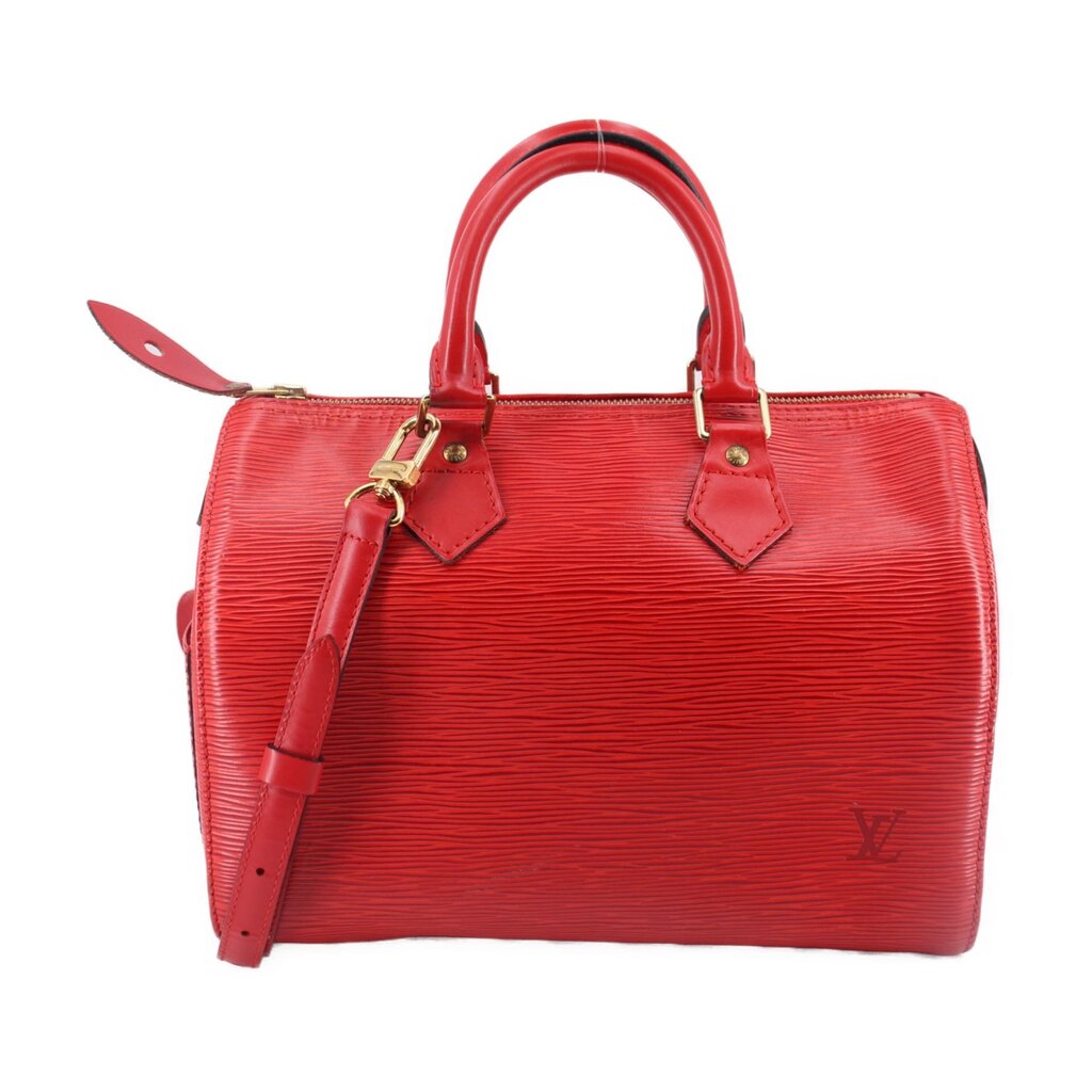 Red Louis Vuitton Speedy 25 crossbody bag with top handles and gold hardware