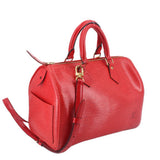 Red Louis Vuitton Speedy 25 bag with Epi texture, top handle, and crossbody strap
