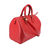 Red Speedy 25 crossbody bag with adjustable strap and textured Epi leather pattern