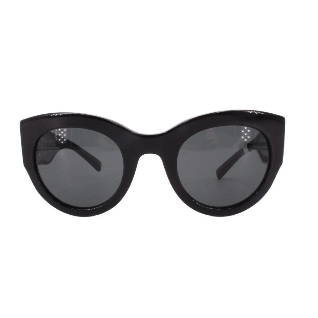 Black cat-eye sunglasses with dark lenses and glossy black frame