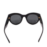 Black sunglasses front view with rounded cat-eye frames and dark lenses