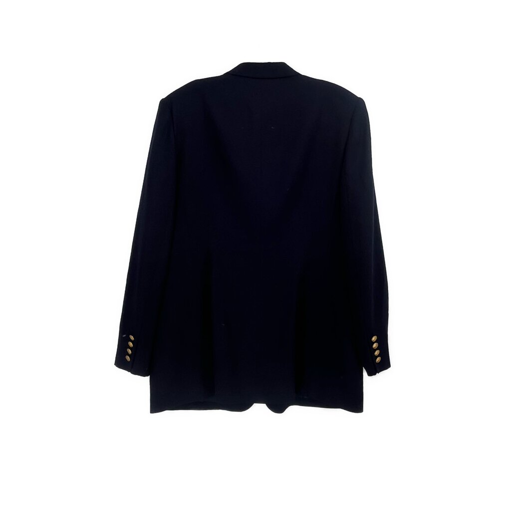 Back view of dark double-breasted blazer with three-quarter sleeves