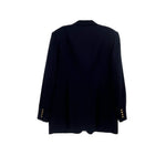 Back view of dark double-breasted blazer with three-quarter sleeves