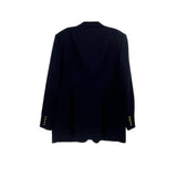 Back view of dark double-breasted blazer with three-quarter sleeves